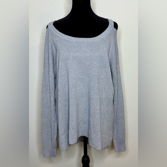 Michael Kors gray silver sparkle peek a boo shoulder split hem sweater XL EUC - Picture 2 of 8